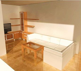 Vizualizace dřevěného nábytku v obývacím pokoji