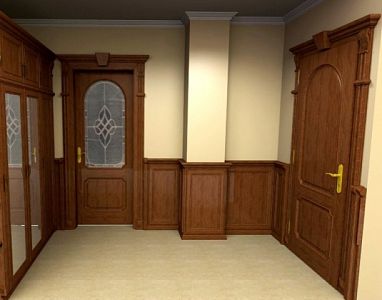 Vizualizace dřevěného obložení interiéru včetně dveří